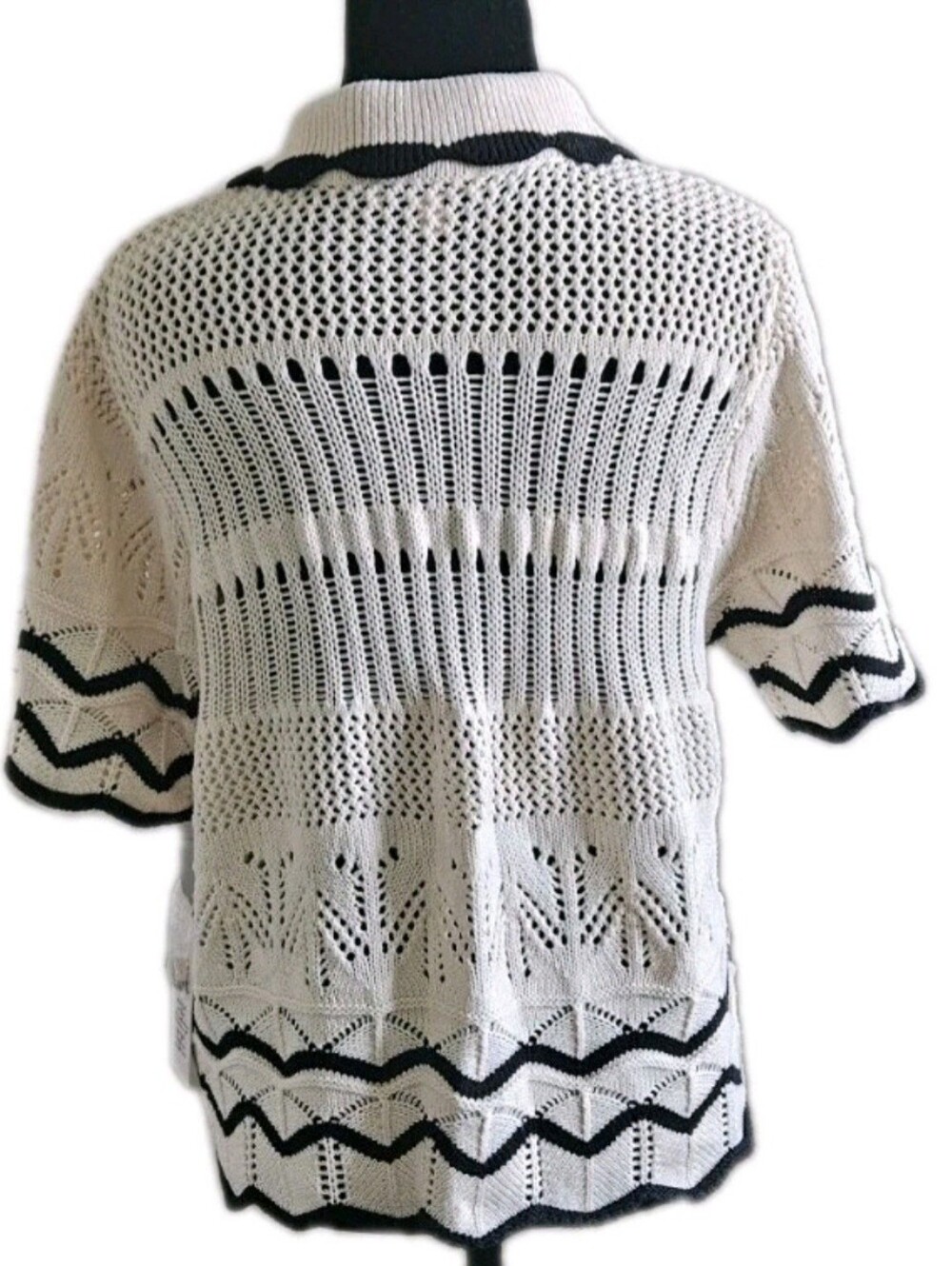 Nanette Lepore NWT Open Knit Cardigan Sweater Cream Black Scallop Trim Size M. - Picture 4 of 8